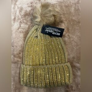 Gold Knit Beanie with Pom Pom